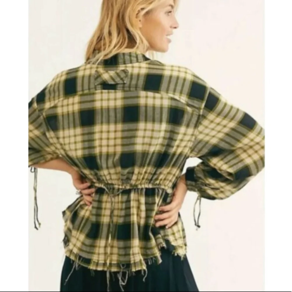 Free People Black Plaid Ruched Sleeve Pacific Dawn Button Down Shirt Small